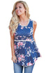 Navy Blue Floral Pompom Lace Trim Flowy Tank Top